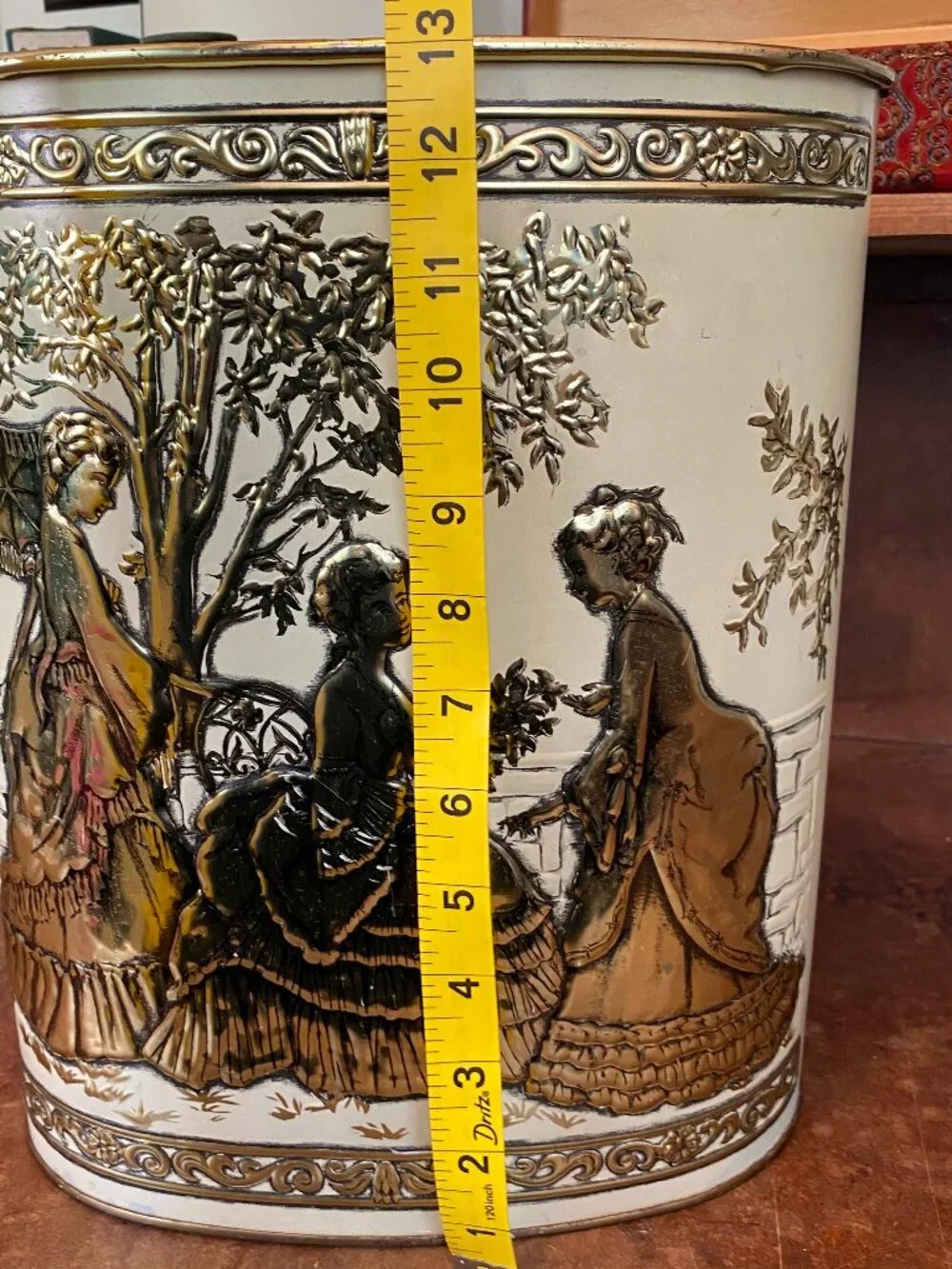 Weibro Vintage 60's Embossed Romantic Trash Can Gold Metal Waste Basket MCM 13